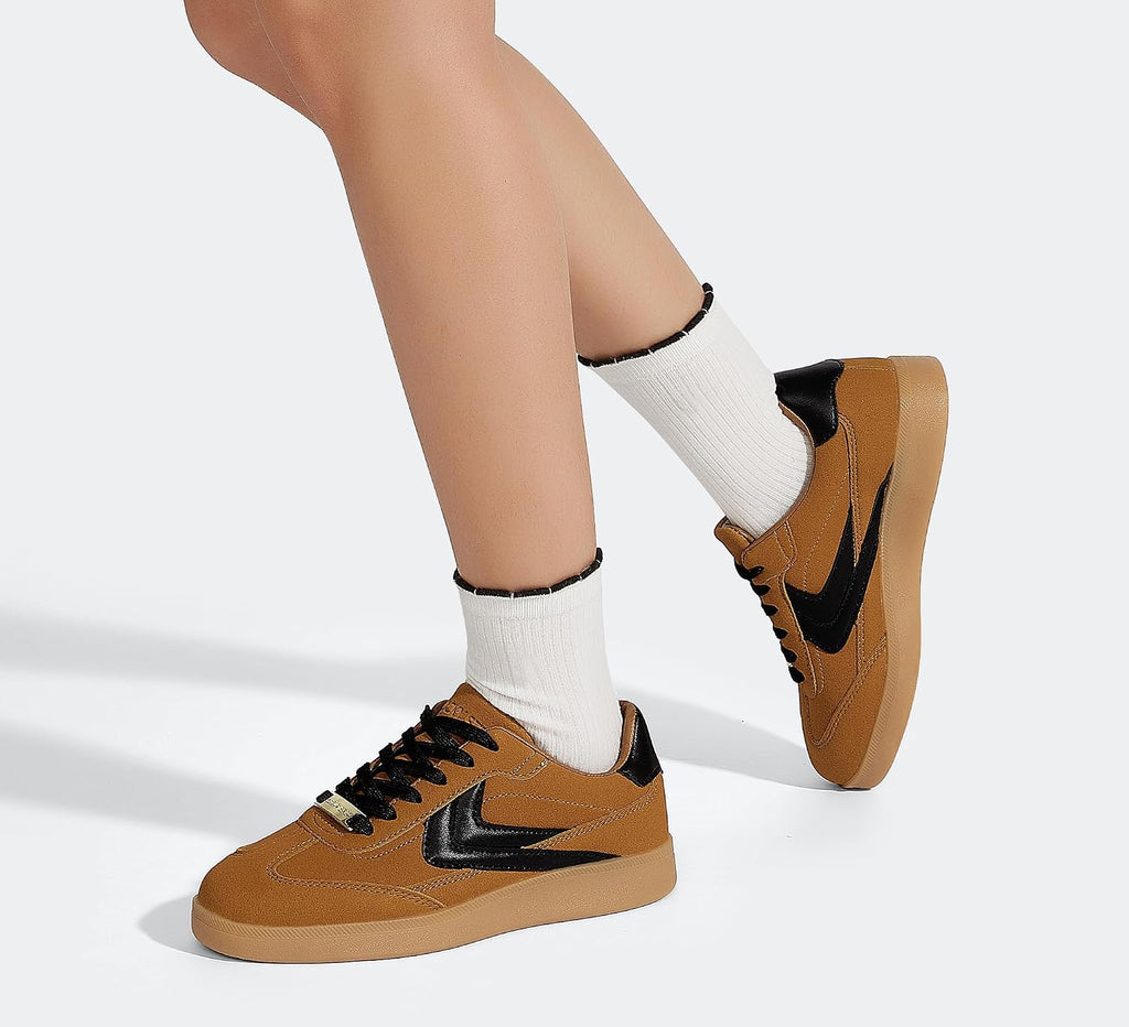LUCKY STEP Women Retro Gum Sole Fashion Sneakers Skate Shoes | Casual Trendy Walking Trainer Anti Slip Flat Low-Top Footwear