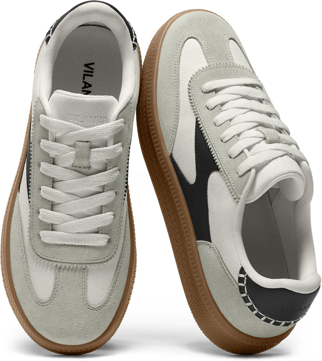 Vilanva Women's Fashion Sneakers Casual Tennis Shoes with Genuine Suede Classic Retro Gum Sole Walking Trendy Footwear