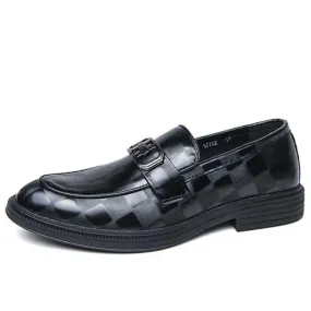 Black metal buckle check pattern penny slip on dress shoe