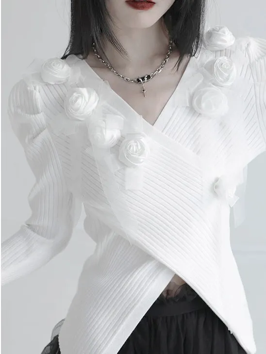 Cross V-neck Rose Splicing Sweater