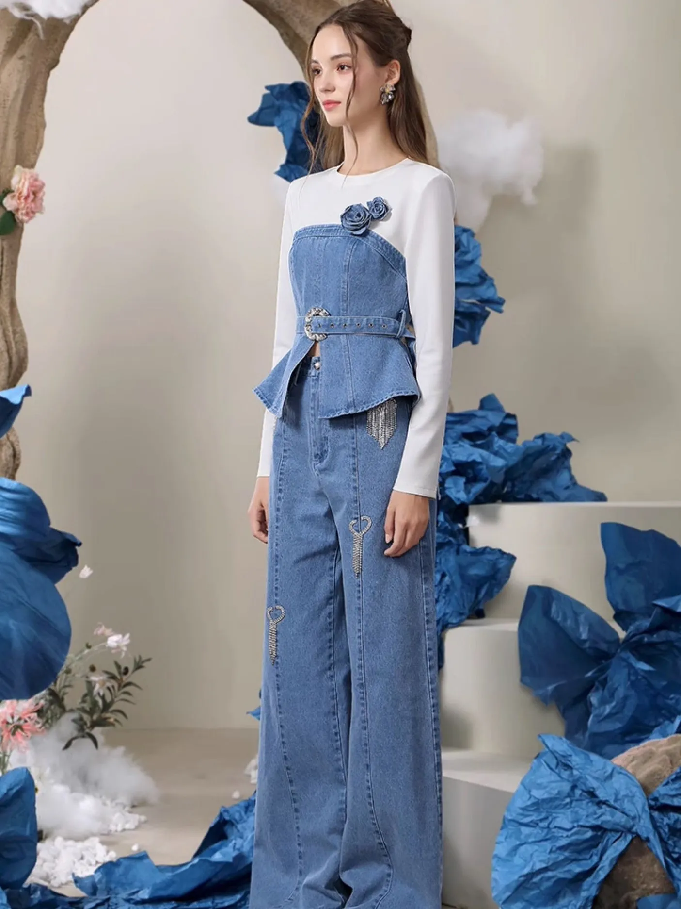 Denim Docking Peplum Flower Belt Cutsew