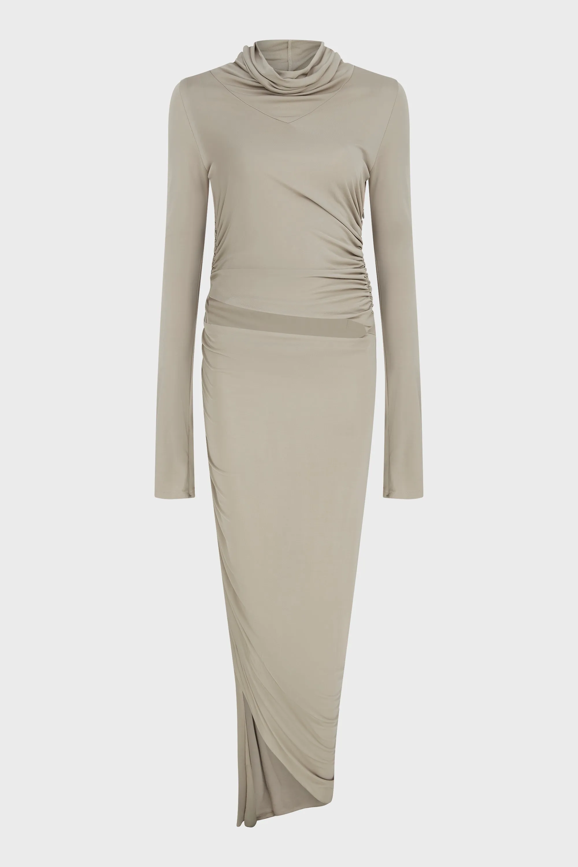 DRAPED JERSEY ASYMMETRIC MIDI DRESS