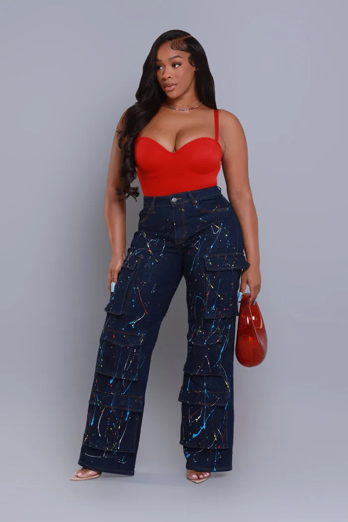 Feel Inspired Paint Splatter Cargo Jeans - Dark Wash