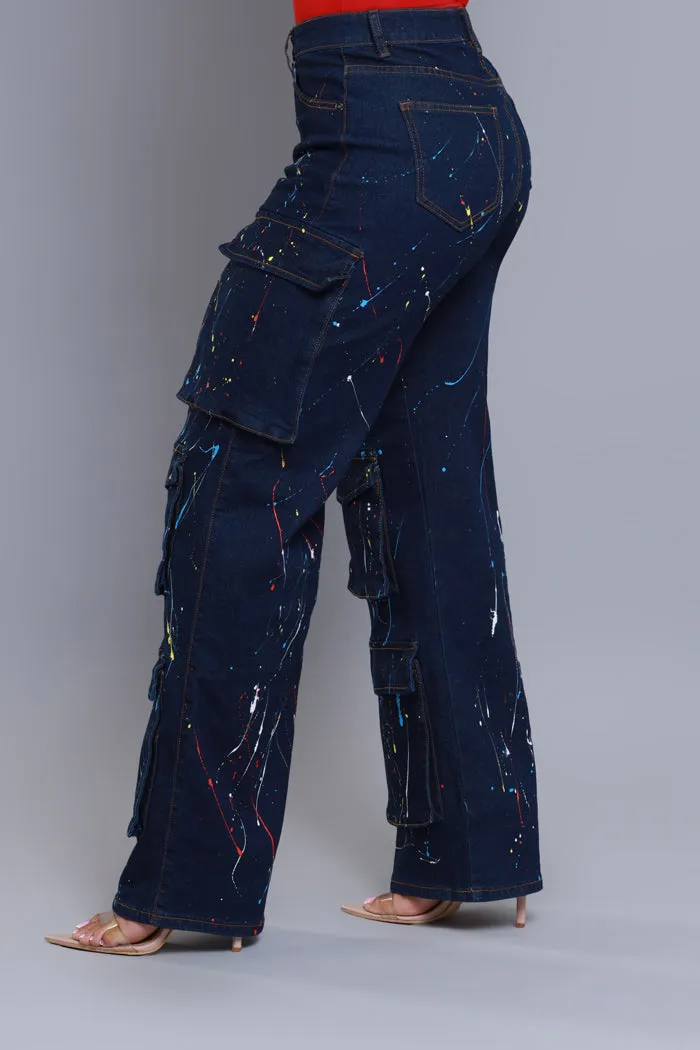 Feel Inspired Paint Splatter Cargo Jeans - Dark Wash