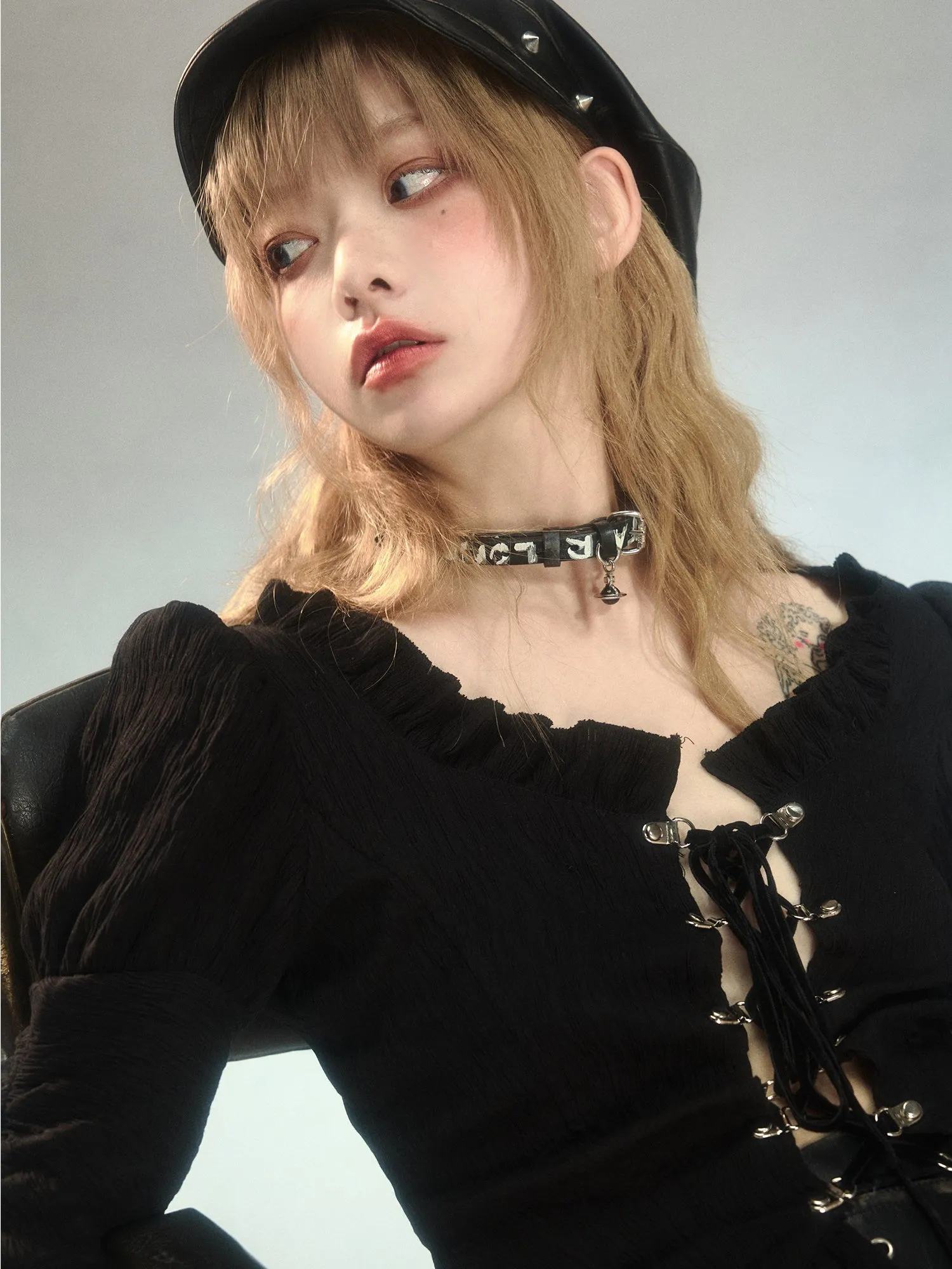 Lace-Up Slim Fit Ruffled Bell Sleeve Shirt