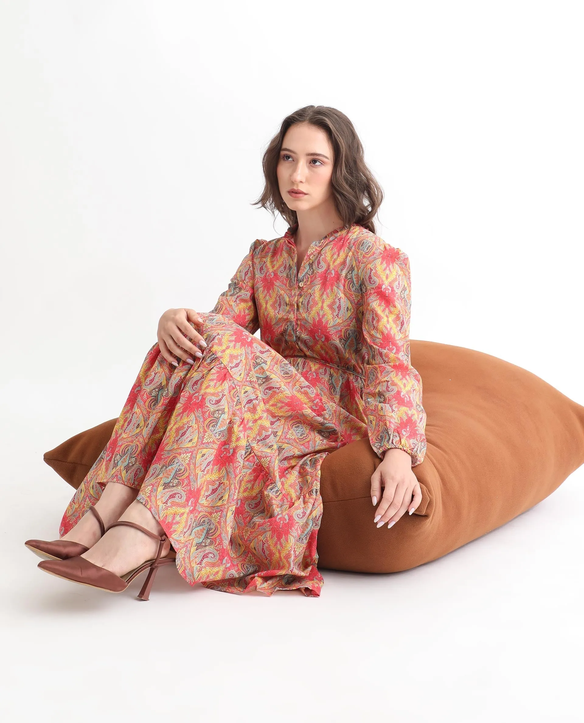 Rareism Women Taylor Multi Cotton Fabric Full Sleeves Button Closure Mandarin Collar Fit And Flare Abstract Print Knee Length Dr