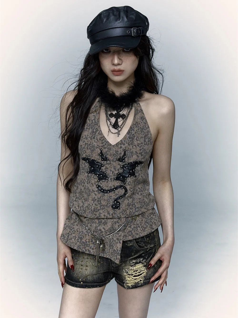 Rivet Devil Embroidery Leopard Print Halter Neck Top