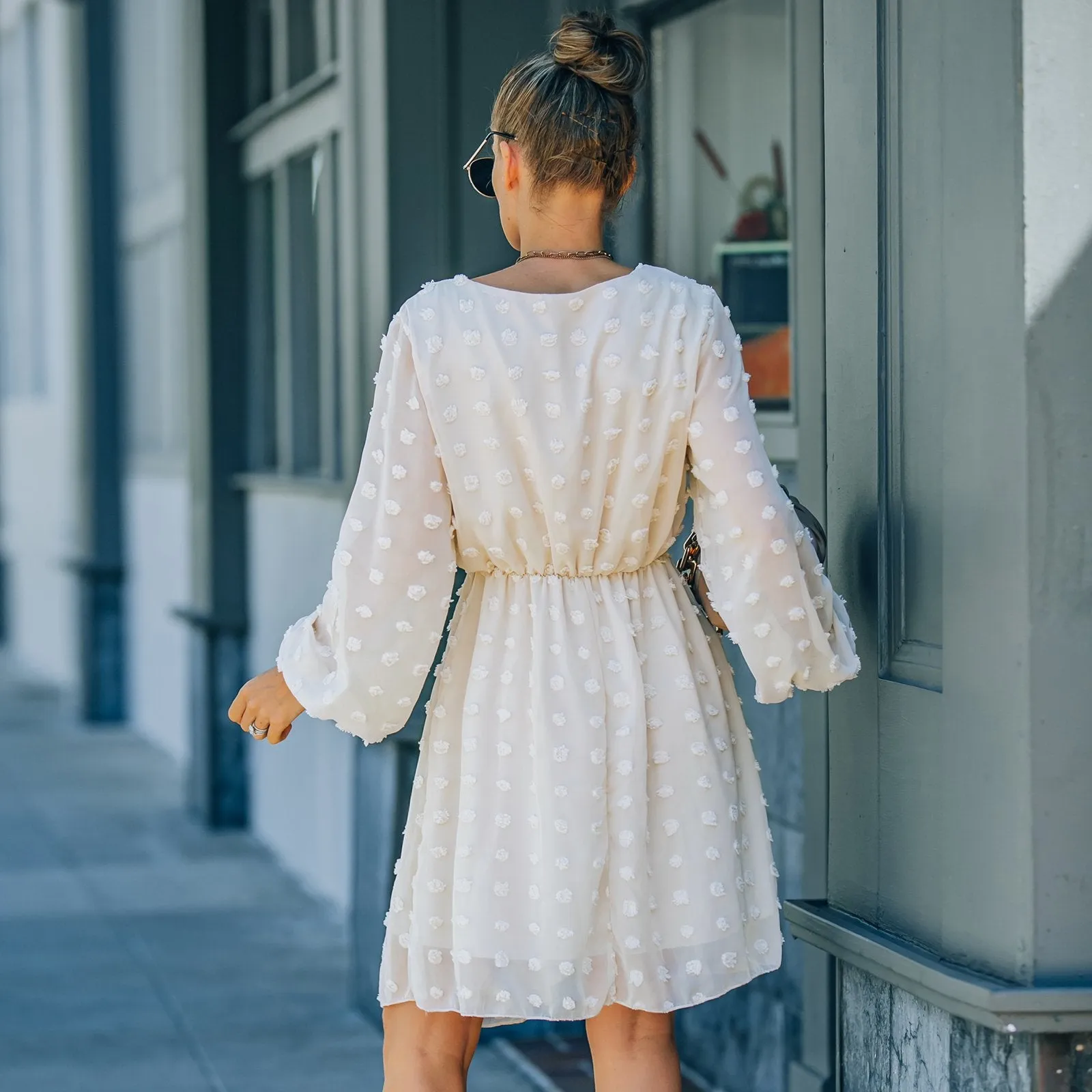 Robe Midi Manches Longues Col en V à Pois