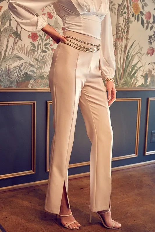 Sabina High Waist Front Slit Pants - Beige
