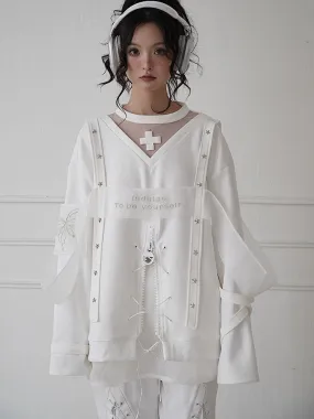 Star Nichi Zip Lace-Up Embroidery Ovreszie Cross Tops