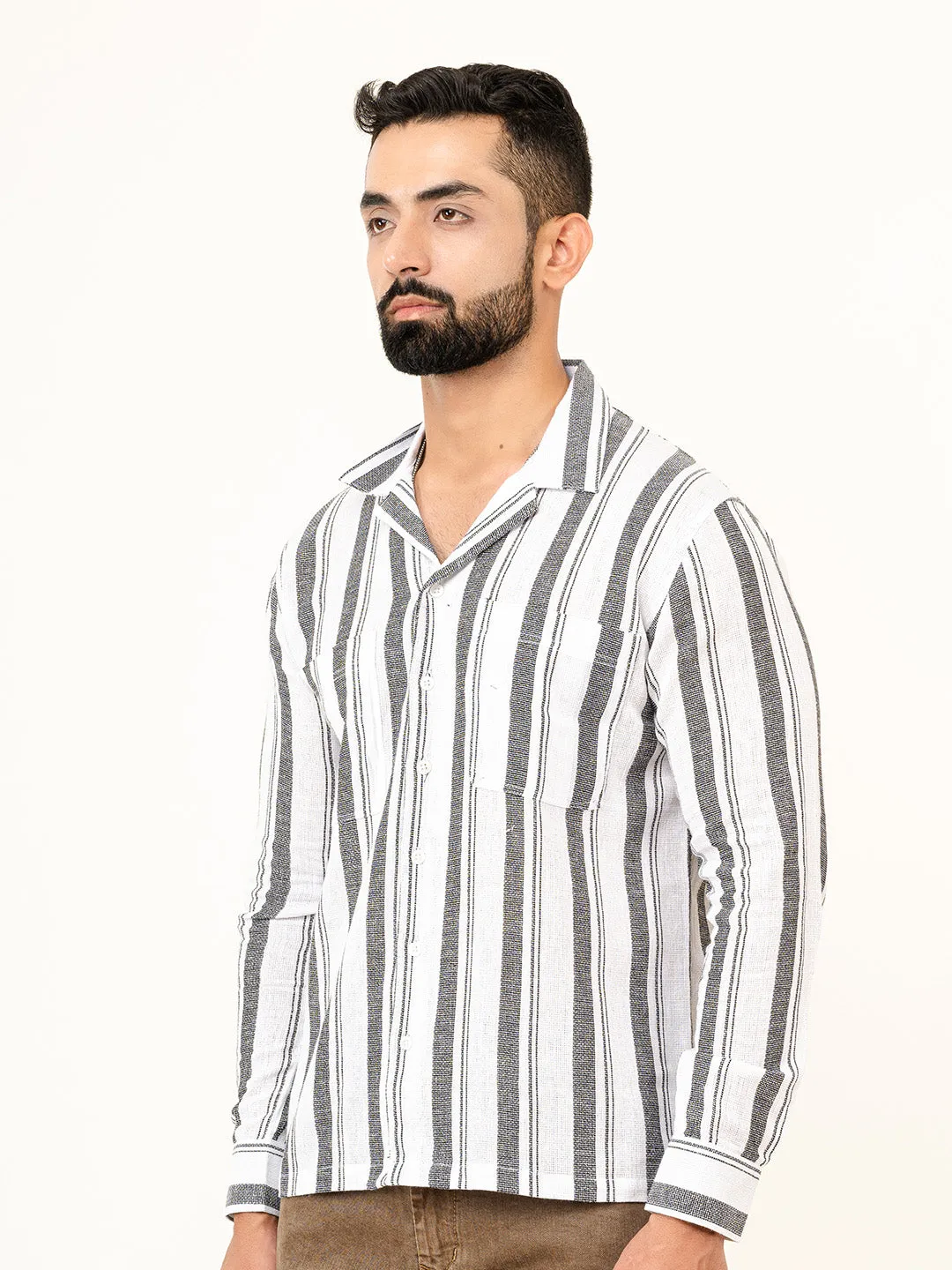 White Full Sleeves Cotton Striped Shirt