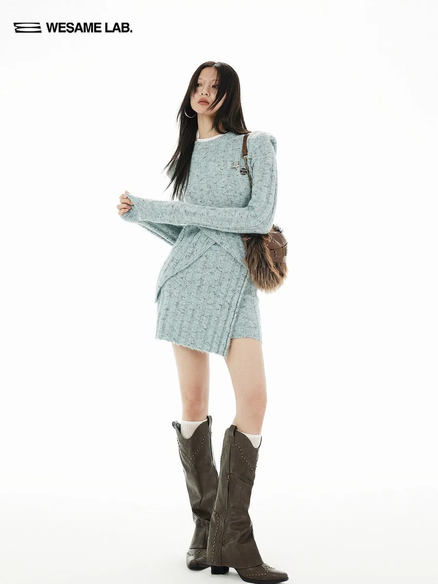 Wrap Rib-Knit Nichi Asymmetry Set-Up Batch Retro Tops＆Mini-Skirt
