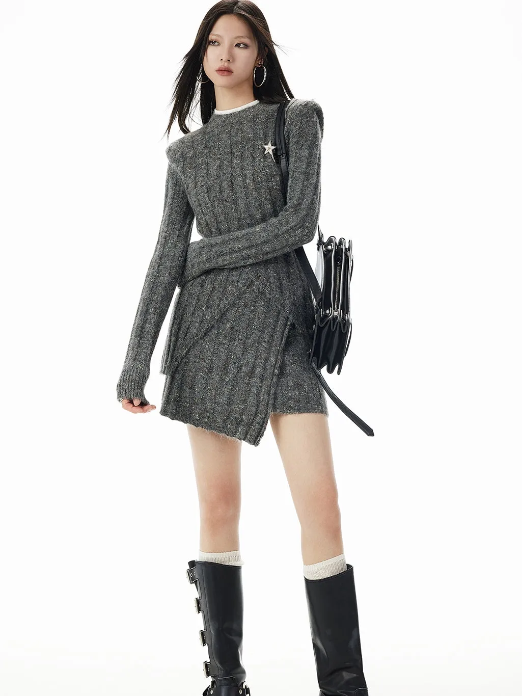 Wrap Rib-Knit Nichi Asymmetry Set-Up Batch Retro Tops＆Mini-Skirt